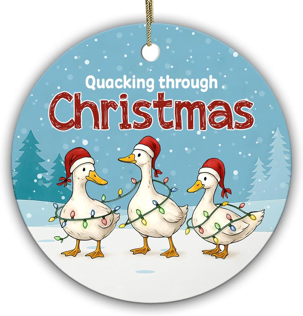 Funny Duck Christmas Ornament - Quacking Through Gift for Duck Lovers - Cute Farm Animal Tree Decoration - Country Xmas Dcor - Ceramic Ornament for Men, Women, Farmers, Homesteaders