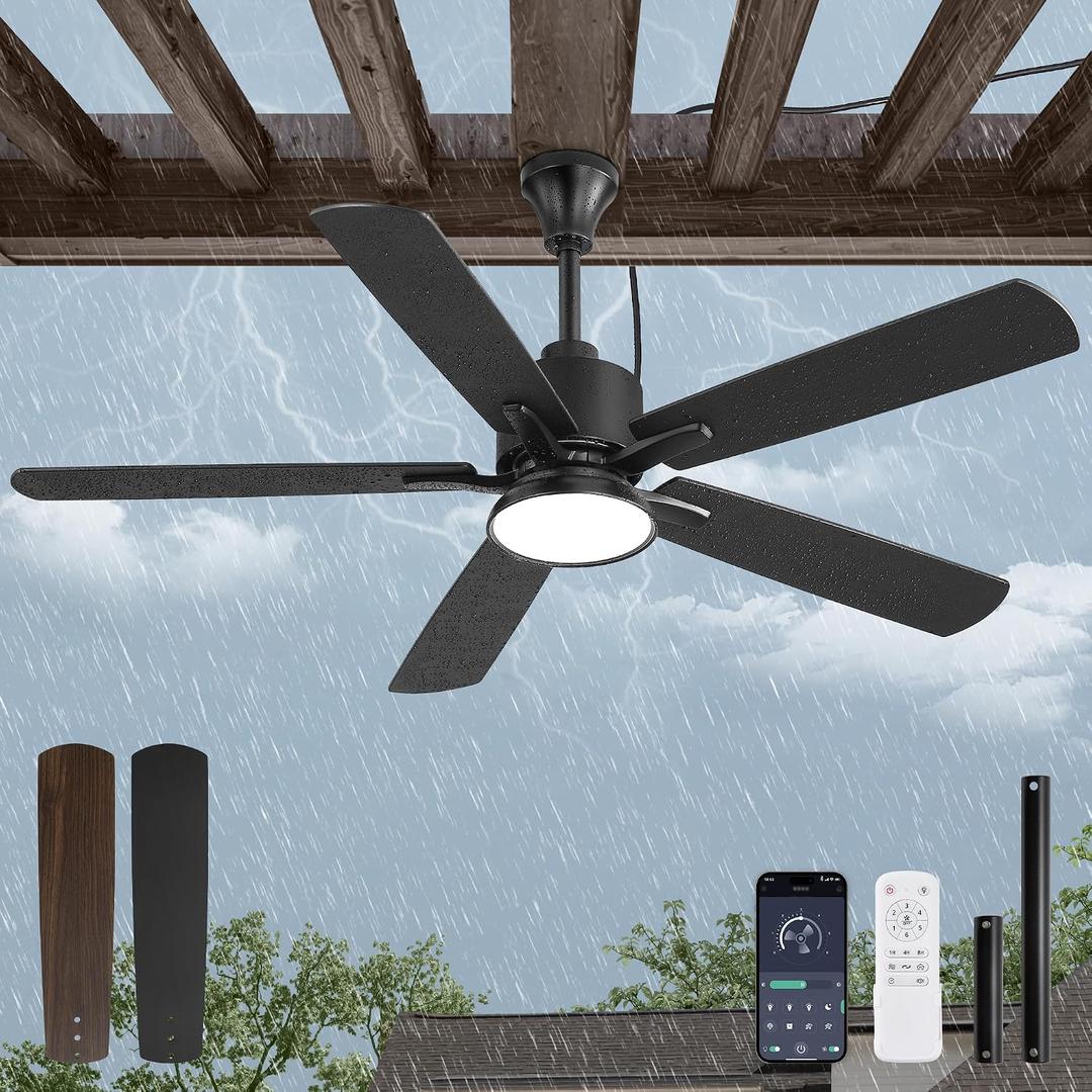 Fanbulous 52" Outdoor Ceiling Fans with Light for Patios, IP65 Waterproof Gazebo Fan, Plug in Ceiling Fan with Remote, 3CCT 6-Speed Black Ceiling Fan with Hanging Hook for Porch, Pergola,Canopy