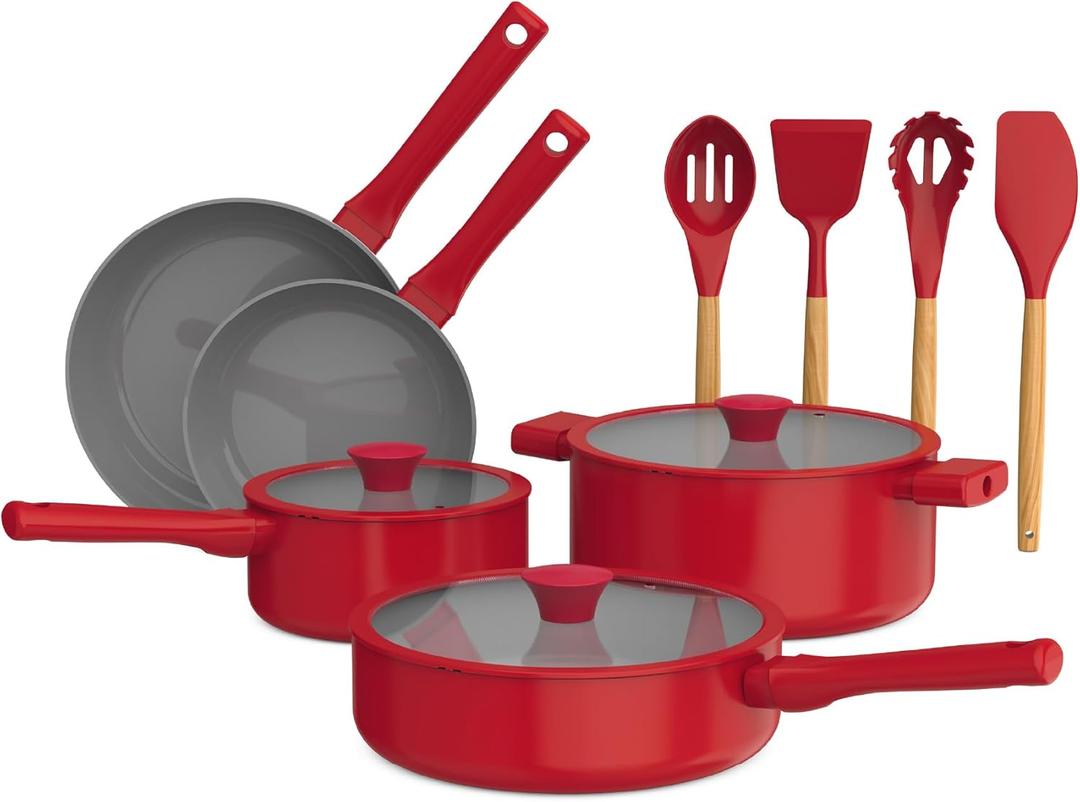 So Yummy by bella 12 Piece Cookware Set w EverGood Ceramic Nonstick Coating and Silicone & Wood Utensils, Dishwasher Safe Silicone & Glass Lids, Oven Safe & All Stovetop Compatible, Red