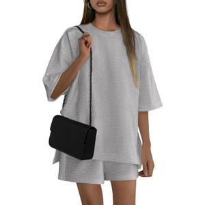 PRETTYGARDEN Women's 2 Piece Lounge Sets 2025 Summer Short Sleeve Tunic Tops Drawstring Shorts Matching Outfits Tracksuits (Grey,Small) (S)