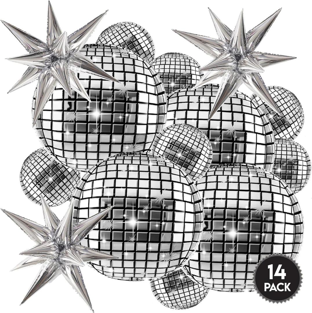 Inflatable Disco Ball Balloons Pack of 14 - 22 Silver Mylar Foil Disco Party Balloons with Star Balloons, Ribbon & Pipe for New Year's Disco Ball Decorations Party, Bachelorette, Birthday Dcor