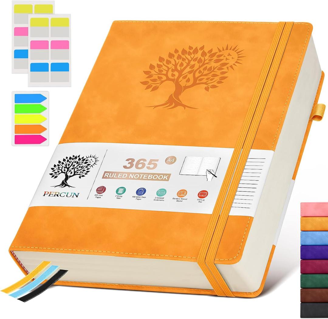 A4 Lined Journal Notebook365 Page Large Leather Journals for Writing Women MenHardcover Notebook with 100Gsm Thick Pages for Travel Work School College Ruled, Daily Diary (8.5" x 11.4") (Yellow)