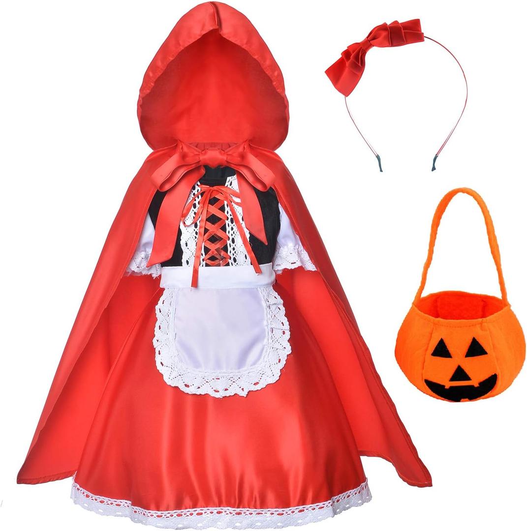 Little Red Riding Hood Dress Christmas Cosplay Costumes for Girls With Cloak,Headband,Bag 4T-5T(110cm)