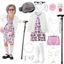 100 Days of School Old Lady Costume Set with Granny Dress Cardigan Old Lady Wig Glasses Grandma Dress Up Outfits(Size 150,White)