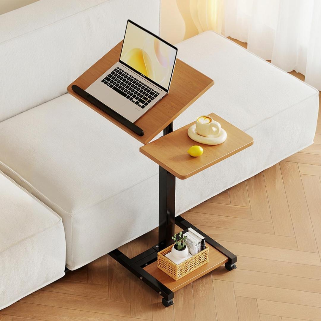Laptop Desk Stand for Bed Portable Desk Overbed Bedside Mobile Laptop Table Rolling Foldable Table Adjustable Height with Locked Wheels & Mouse Pad for Office Sofa (Natural Color)