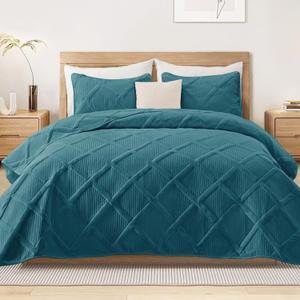 Exclusivo Mezcla Cal King Size Quilt Set with Modern Striped Pattern, 3 Pieces Summer Oversized Lightweight Teal Quilts Bedding Set, Soft Bedspreads Coverlets for All Seasons