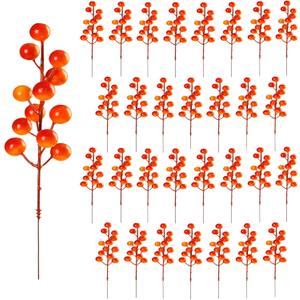 32 Pack Fall Berry Stems, Fall Floral Picks and Sprays 8 Inch Orange Artificial Berry Branches for Autumn Thanksgiving Home Decorations