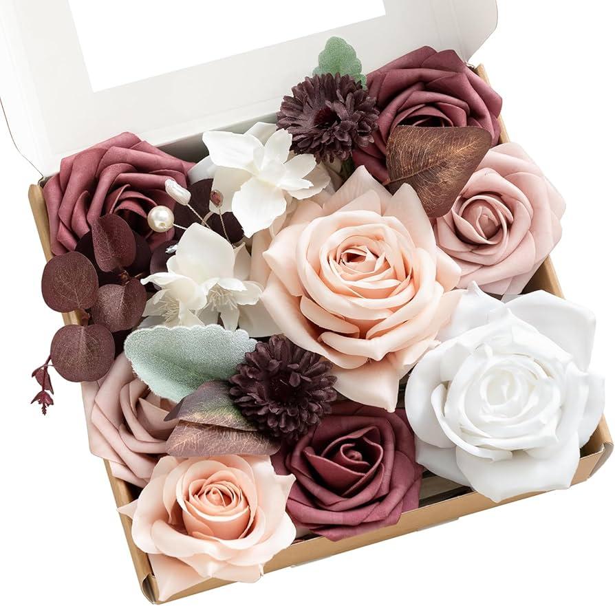 Terracotta Dusty Rose & Mauve Mini Artificial Flowers and Greenery Combo Box Set, Blush & White Fake Flower for DIY Wedding Bridal Bouquet, Centerpieces, Floral Arrangement Decor, etc.