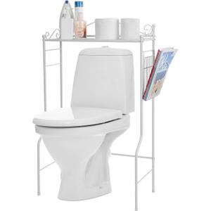MyGift Over The Toilet Standing Shelf Storage with Magazine Basket, Freestanding Bathroom Space Saver Organizer Rack, White Metal Vintage Scrollwork Accents, Large
