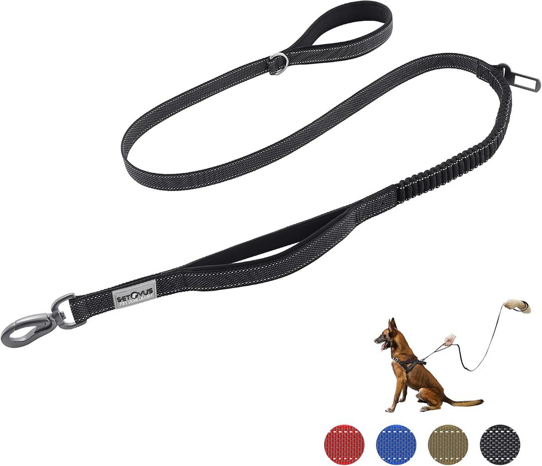 Double Handle Dog Leash - Heavy Duty, 4-6FT Reflective Tactical Leash with 2 Padded Handles, Shock Absorbing Bungee, Car Seatbelt & Easy Snap Hook, for Large, Medium & Small Dogs (Black)