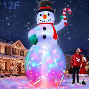 12 Ft by 6 Ft Giant Christmas Inflatables Snowman Outdoor Decorations, Blow Up Snowman Holds Candy Cane Built-in Rotating Colorful Lights Christmas Decorations Outdoor Yard Lawn Garden Holiday Party