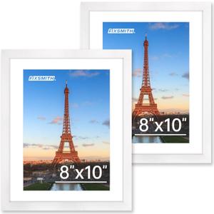 FIXSMITH 8x10 Picture Frame Set of 2, Photo Frame with HD Plexiglass, Display Pictures 5x7 with Mat or 8x10 Without Mat, White Picture Frames Collage for Tabletop or Wall Display