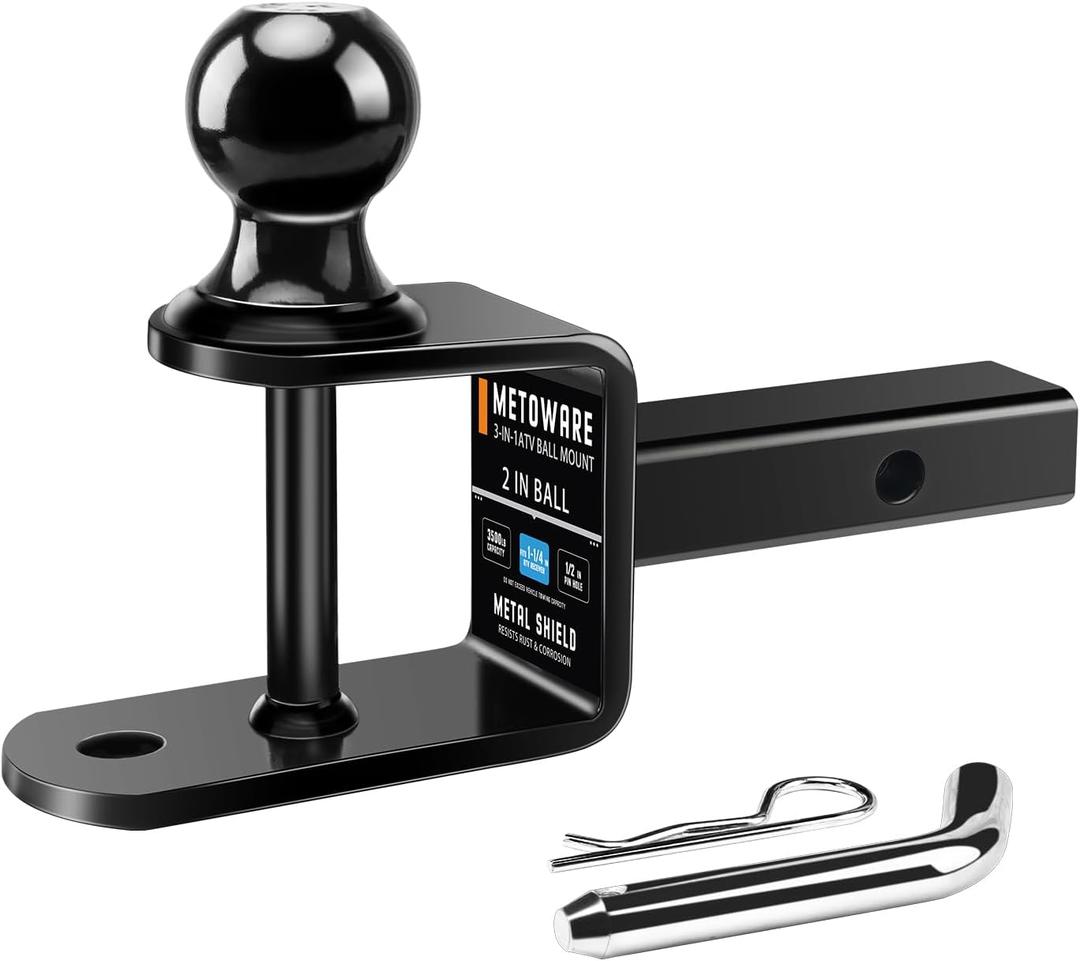 METOWARE 3-in-1 ATV/UTV Trailer Hitch Towing Ball Mount With 2 Inch Ball Rated 3500 LBS, Fits 1 1/4 Inch Receiver With 1/2 Inch Pin & Clip