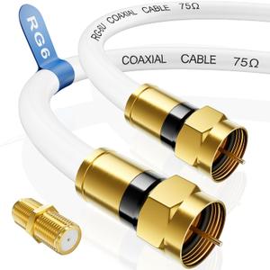 Nixsto RG6 Coaxial Cable, 3FT 6FT 10FT 15FT 25FT 50FT 100FT Coax Cable Cord | High Speed Internet, Digital TV Aerial with Gold F-Type Connector for HDTV,Satellite,Antenna,Modem with Extender- 100ft,White