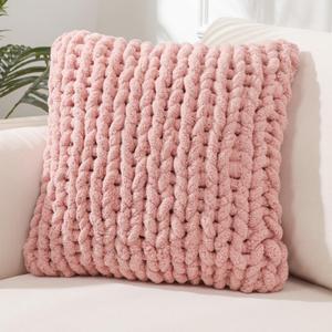 Chunky Knit Throw Pillow Covers 1PC Square Luxury Style Pillow Case Fur Pillowcases Decorative Pillow Shell for Sofa Bedroom Cushion (Pink,18"18")