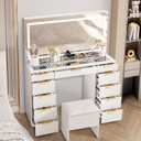 Pamapic Glass Top Vanity Desk with Mirror and Lights, 11 Drawers Makeup Vanity with Golden Handles, 3 Lighting Modes Upgraded Silent Slides Vanity Desk with Bench, Portable Mirror and Power Putlet (46*16*56)