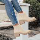 Juliet Holy Womens Lug Sole Platform Ankle Booties Chelsea Slip on Chunky Block Heel Leather Combat Boots (Beige)