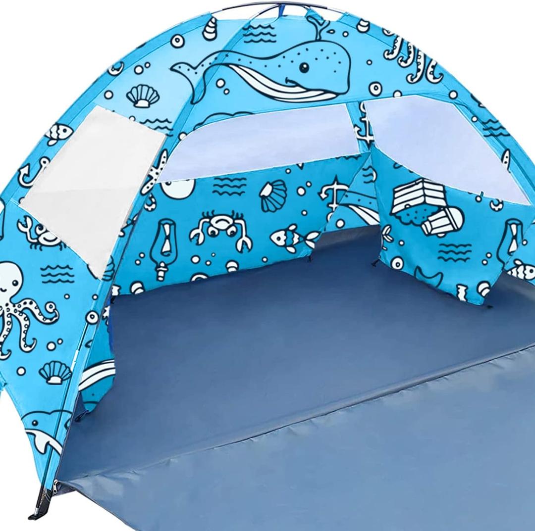 Ocean World 3-4 Person Family and Baby Beach Tent  Cool Beach Essentials for Shade, UPF 50+ UV Protection and PU800 Waterproof, Portable Pop Up Sun Shade Cabana Shelter for Kids and Toddlers,