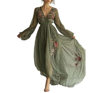 Womens Green Tulle Floral Beach Cover Up Sundresses with Belt Long Sleeves V Neck Summer Ruffle Tiered Dresses M