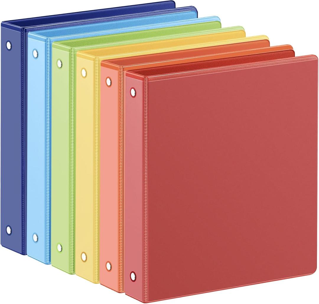 SUIN 1-inch 3 Ring Binder with 2 Interior Pockets, 1''Durable Binders Holds US Letter Size 8.5'' x 11'' Paper - Versatile Binders for Office, Home, and School Use, 6 Pack, Assorted Rainbow Colors