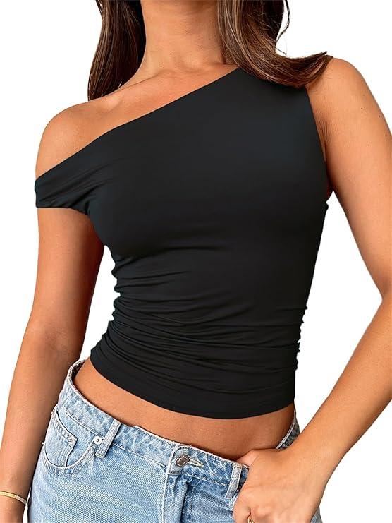 ForeFair Womens Off Shoulder Tops Sleeveless Going Out Crop Tank Tops Slim Fitted Shirts Summer Outfits Y2K Cute Tops (M, Black)