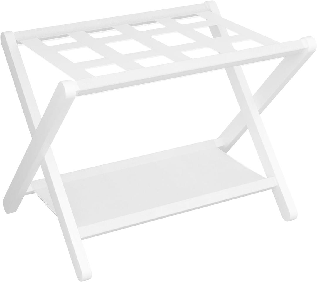 Heybly Luggage Rack, Folding Suitcase Stand with Storage Shelf, Heavy-Duty Luggage Holder for Guest Room Bedroom Hotel, Holds up to 141 lb, White HLR010W1