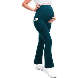 Leafigure Maternity Flare Leggings with Pockets Over The Belly Yoga Pants for Workout Soft Pregnancy Activewear Teal M