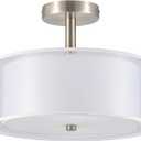 VONLUCE Semi Flush Mount Ceiling Light, 13'' Ceiling Light Fixture with 2-Layer Fabric Shade, 3-Light Modern Drum Light Fixture for Bedroom Living Room Entryway Hallway, White Shade & Nickel Finish
