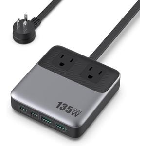 USB C Charger Block,135W GaN Fast Charging Station Hub,6-in-1 USB C Power Strip with 5ft Cord,2 AC & 2 USB A & C,PD 65W Laptop Charger for MacBook Air/Pro,iPhone16/15,Galaxy S24 etc
