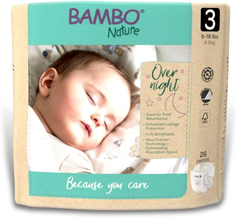 2 x Bambo Nature Hypoallergenic Overnight Baby Diapers, Eco-Labelled Overnight Diapers, Totally Chlorine-Free, Skin Friendly, Super Absorbent - Size 3 (26 Count)