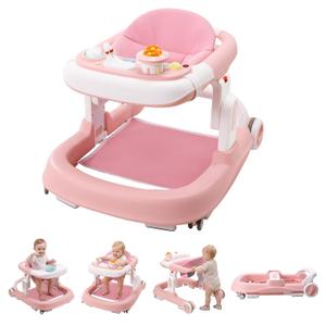 Baby Walker with Wheels, 5-in-1 Foldable Infant Toddler Walker for Boys Girls 6-18 Month,One-Step Fold Structure, 3 Adjustable Heights, Detachable Seat,Push Walker with Speed Control Wheels, Pink