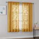 OVZME Gold Sheer Curtains 54 inches Long 2 Panels for Living Room, Jacquard Clip Leaf Pattern Textured Light Filtering Window Semi Sheer Voile Drapes for Bedroom, Each Panel 42 x 54 Inch