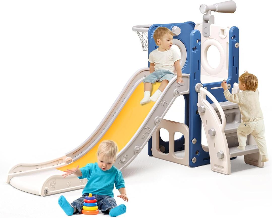 6 in 1 Toddler Playset with Slide,Toddler Slide,Slide for Kids with Basketball Hoop,Ball,Ring Toss,Kids Slide Toddler Playground Toddler Slide Indoor Outdoor Toys (Blue Yellow)