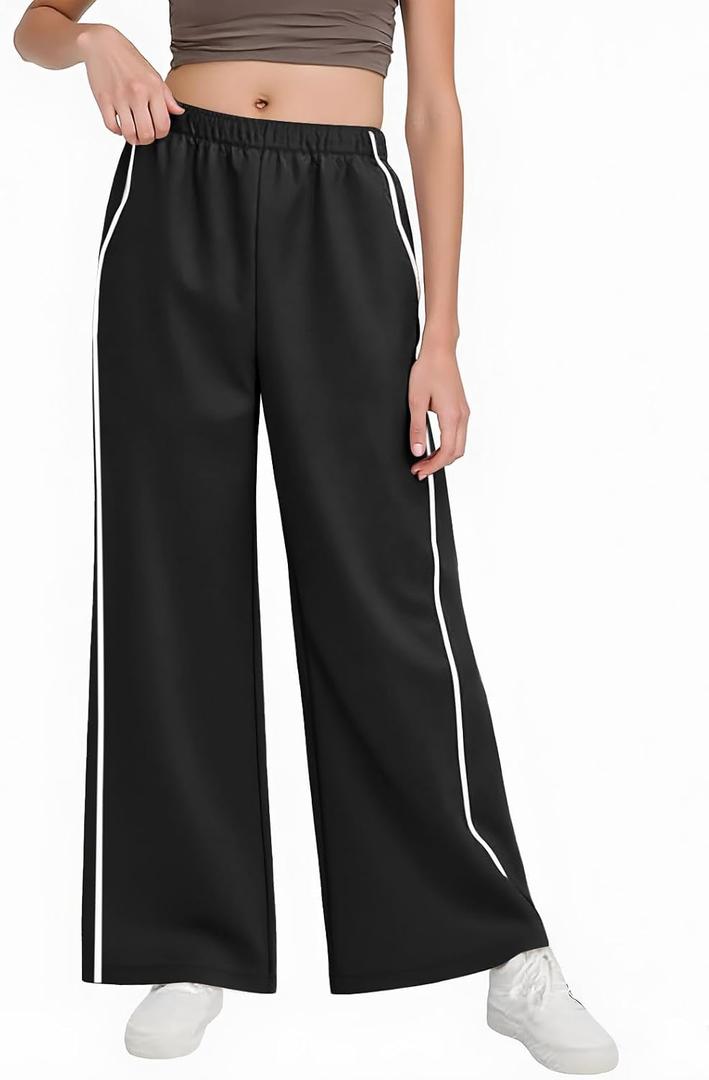 Haloumoning Girls Wide Leg Track Pants Kids Baggy Striped Parachute Pants Athletic Joggers with Pockets 5-14Y (11-12 Years, Black)
