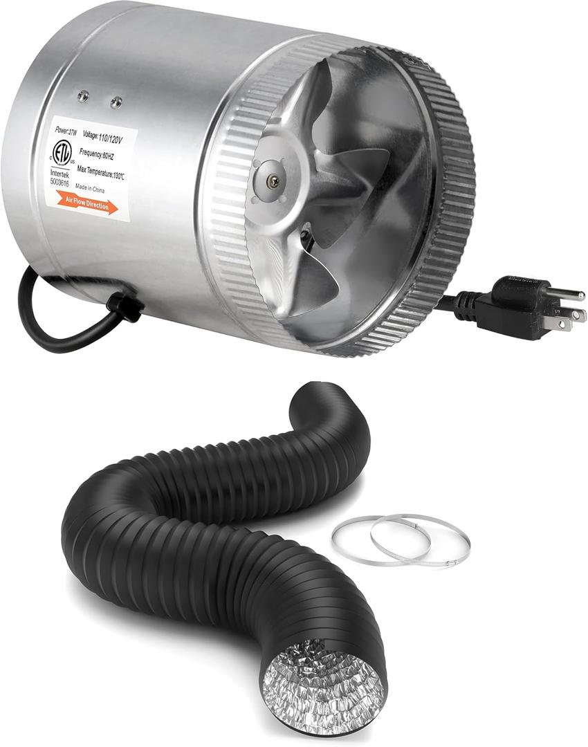 iPower Inline Booster Duct Fan 6'' 240CFM Low Noise HVAC Exhaust Blower Ventilation and Flex Air Aluminum Ducting 8 Feet Dryer Vent Hose for HVAC Exhaust, Basements, Bathrooms, Kitchens and Attics