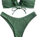 ZAFUL Women's Strapless Ribbed V Wired Lace Up Ruffle Tie High Cut Bandeau Swimsuits Bikini Set, S(4)