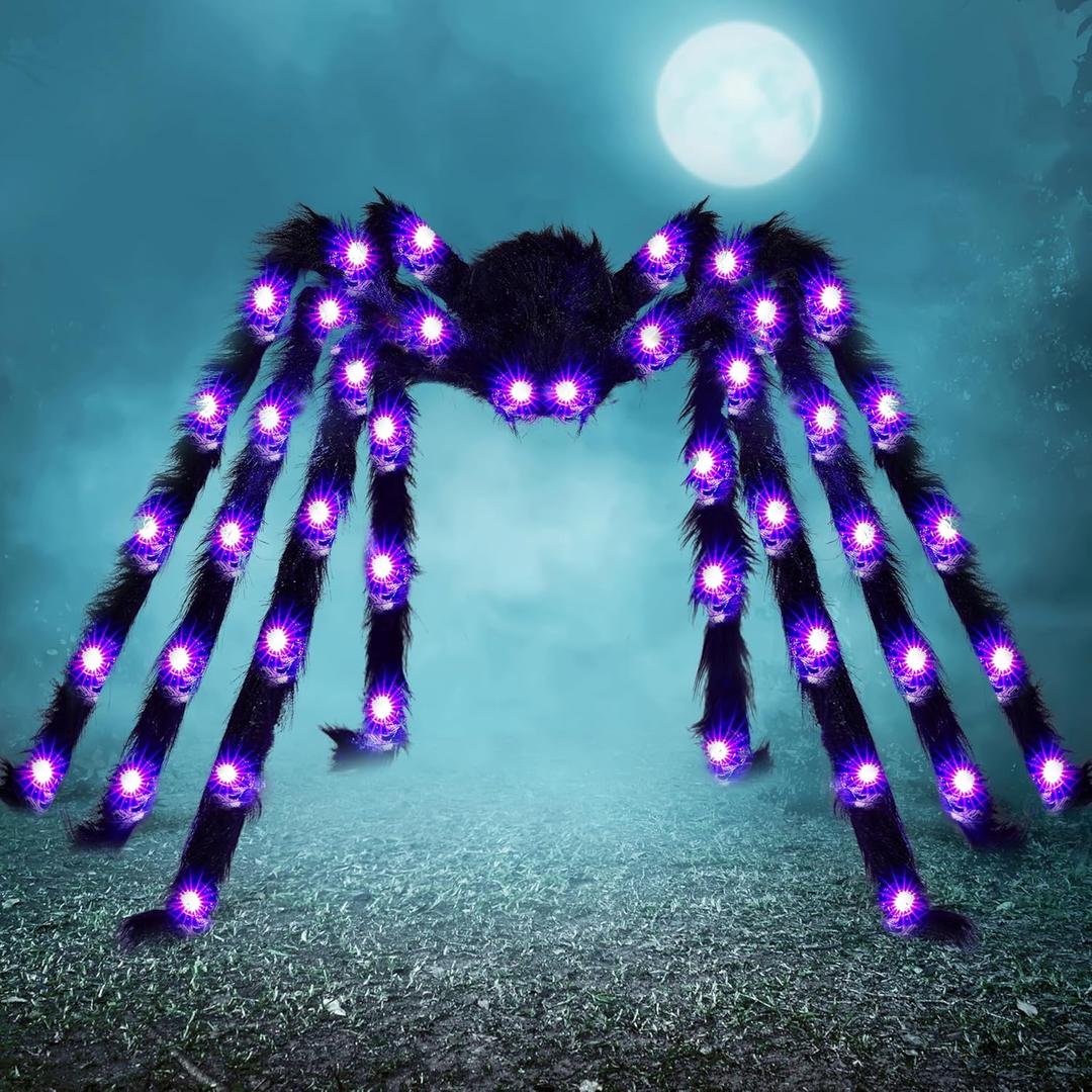 JOYIN Halloween Outdoor Decorations Light-Up Giant Spider, 5 Ft Large Black Hairy Spider with Purple LED for Yard Lawn Garden Halloween Outside Decor, Indoor Haunted House Prop and Scary Party Decor