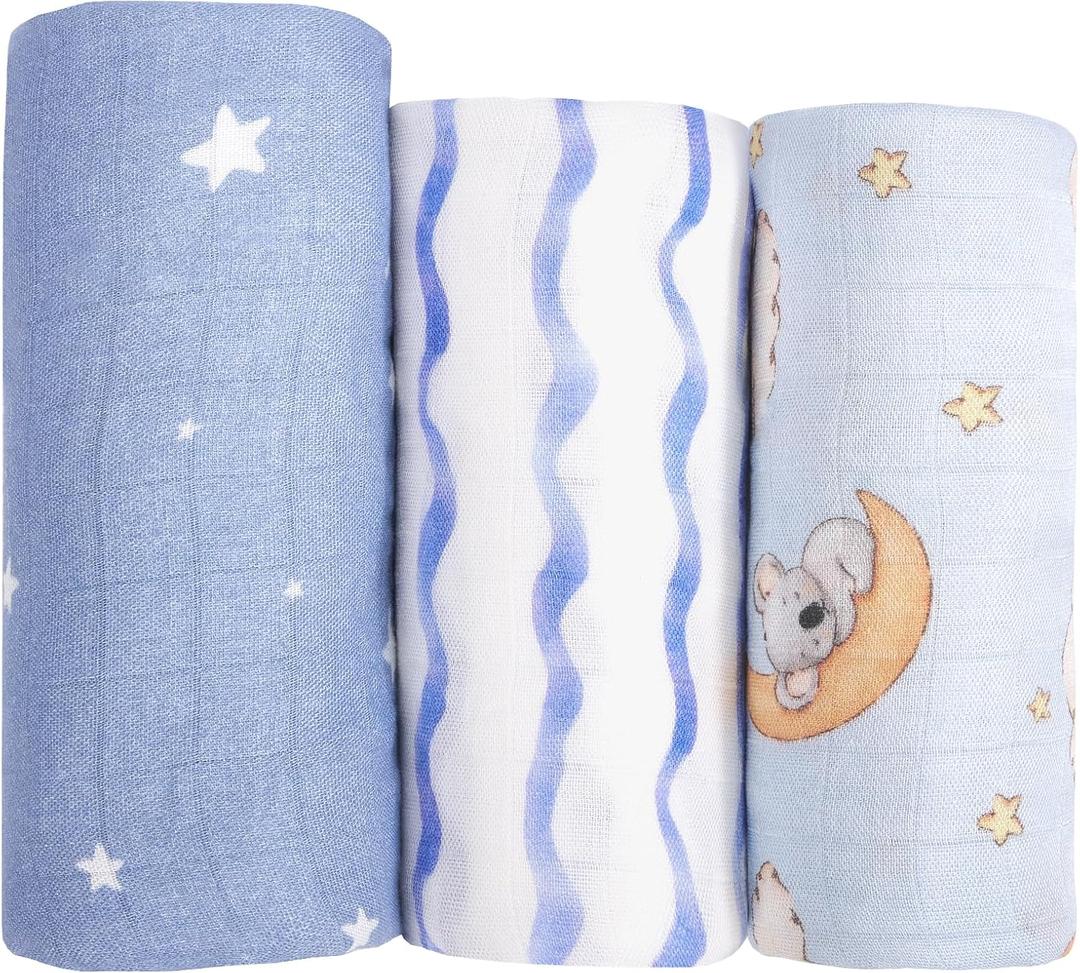 hahaland Muslin Swaddle Blankets Bamboo - 3-Pack, 1 Large (47" x 47") & 2 Standard (38" x 40") - Breathable Silky Soft Receiving Blankets Swaddles for Newborns Baby Boy Gifts Newborn Essentials, Blue