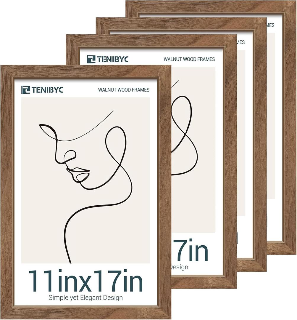11x17 Picture Frame Set of 4, Walnut Wood Grain, HD Tempered Glass, 
Brown Walnut
 Poster Frame, Wall Hanging