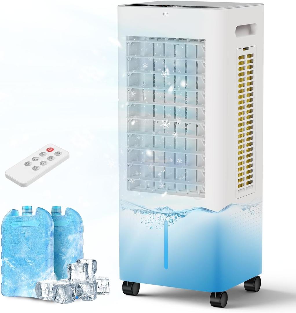 Portable Evaporative Air Cooler for Bedroom: PNTCK Swamp Cooler Fan & Humidifier with 2.1Gal Tank with, Remote, 2 Ice Packs, 3 Speeds, 3 modes, 12H Timer, Evaporative cooler for Room Indoors