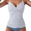 B2prity Women's Ruched Tankini Swimsuits V Neck Wrap Tie Back Two Pieces Bathing Suit Tummy Control Swimwear(Blue Striped), M