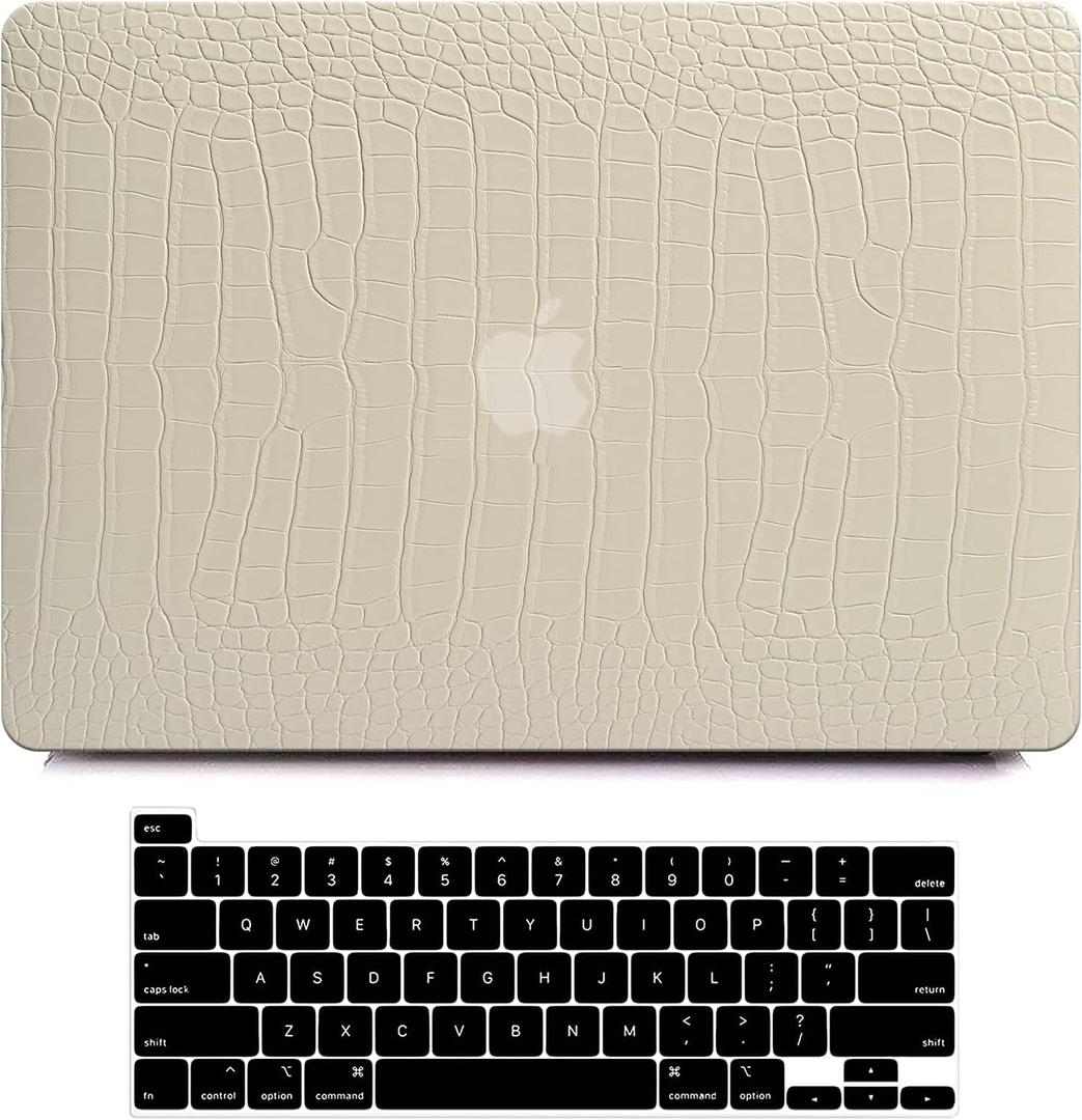 Funut for MacBook Air 13 Inch Case 2022 2021 2020-2018 Release M1 A2337 A2179 A1932 Touch ID, Crocodile MacBook Air M1 Case Leather Laptop Hard Shell Case & Keyboard Cover for Mac Air 13 Inch, Pudding