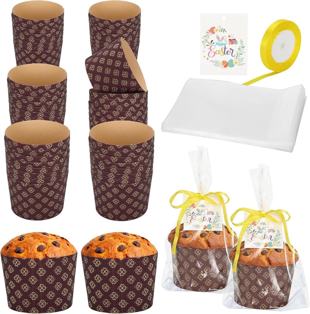 48 Set 15oz Panettone Paper Molds Disposable Non-Stick Baking Cups for Easter, Includes Ribbon, Bags, and Greeting Cards, Oven & Microwave Safe Ideal for Homemade Bread,Cake,Gift Giving, 5.1"W x 4.3"H