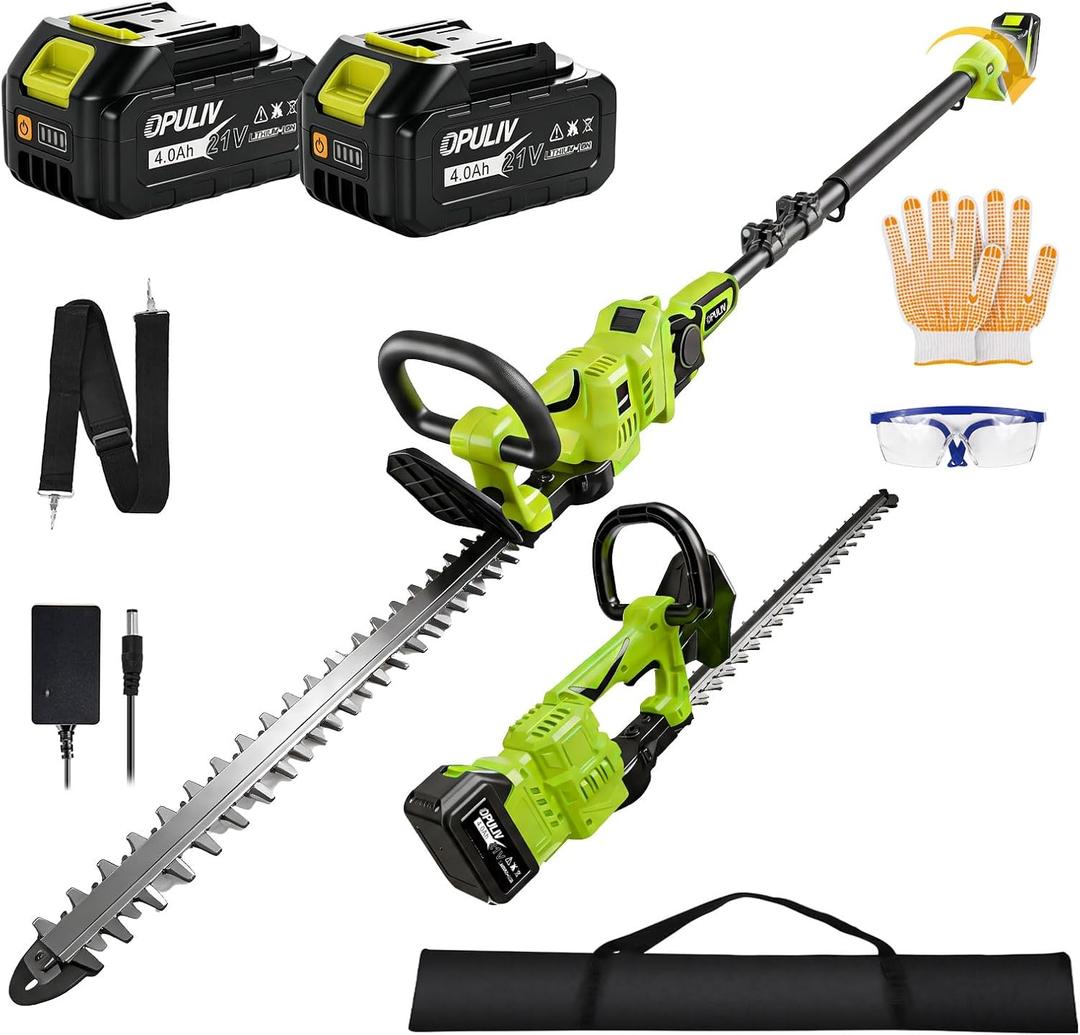 2-in-1 Cordless Hedge Trimmer, Battery Powered Pole, 21 in Steel Blade