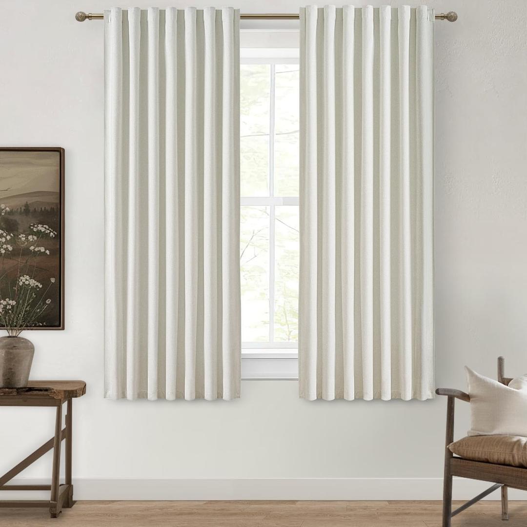 Beige White Room Darkening Curtains 72 Inches Long 2 Panels Burg, Linen Heavy Insulated Bay Window Curtain Modern Neutral Drapes for Bedroom/Cabin/Kitchen (W50" x L72"Tall) 6FT Length Hook Belt