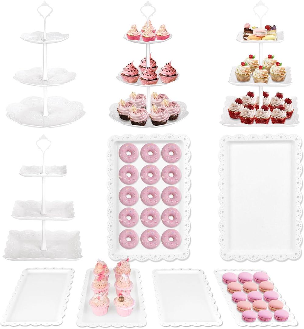 Mwellewm 10 Pcs Cake Stand White Plastic Dessert Table Display Set 4 Pcs 3 Tired Cupcake Stand Cookie Tray Rack Serving Tray Cake Tower and 6 Pcs Dessert Tray for Wedding Baby Shower Tea Party