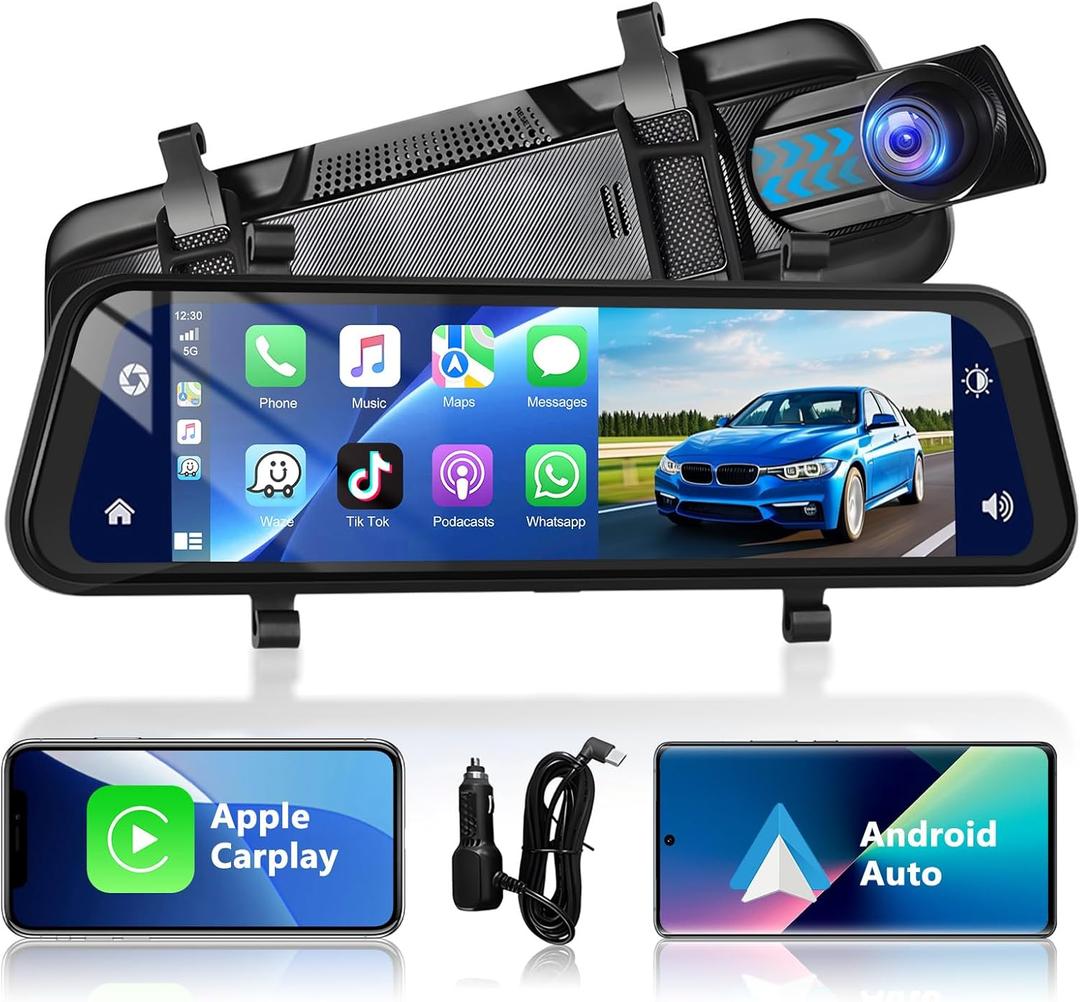 Podofo 9.66" Wireless CarPlay Car Mirror Dash Cam Android Auto IPS Touch Screen Rear View Mirror Camera 1080P Front View Cameras with Night Vision Parking Assistance for Car Trucks