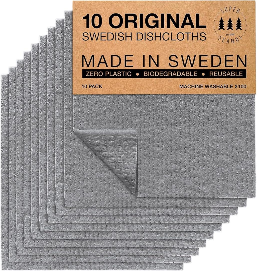SUPERSCANDI 10 Pack Swedish Dishcloths for Kitchen - 100% Biodegradable & Compostable Reusable Paper Towels Washable, Food-Safe & Without Plastic - Dish Rags Suitable for Any Surface, Grey SUPERSCANDI 10 Pack Swedish Dishcloths for Kitchen - 100% Biodegradable & Compostable Reusable Paper Towels Washable, Food-Safe & Without Plastic - Dish Rags Suitable for Any Surface, Grey