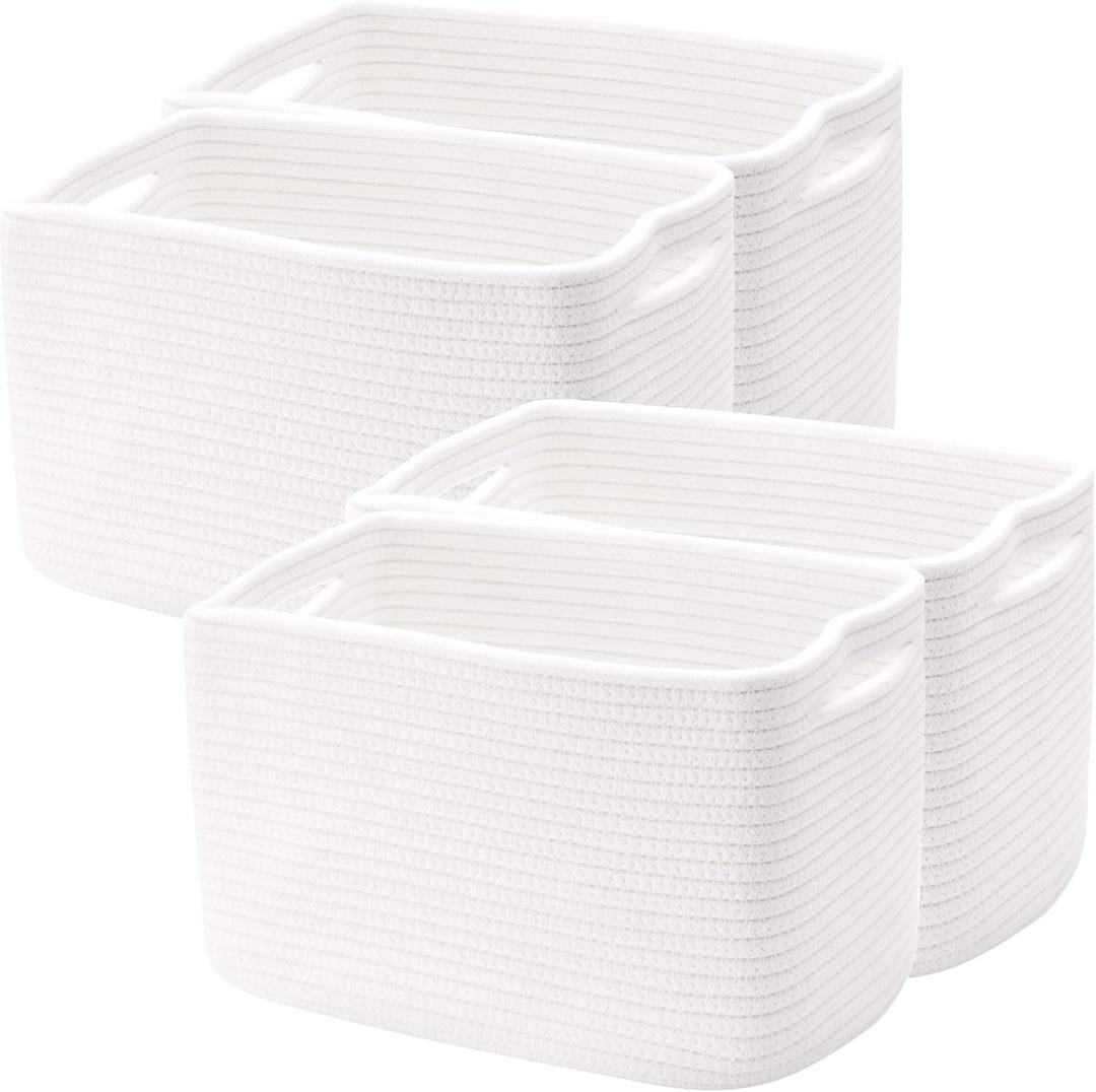 ENAORGAN Set of 4 White Rope Basket for Shelves Woven Rectangle Storage Basket Bins for Nursery Toy Storage for Baby Girl