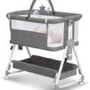 Baby Bassinet,3 in 1 Bedside Bassinet for Baby with Hanging Toys,Foldable Baby Bassinets Bedside Sleeper,4-Sided Mesh Bedside Crib with Wheels and Storage Basket,6 Height Adjustable (Light Grey)